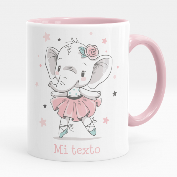 Taza personalizada para niños con diseño de bailarina elefante de color rosa