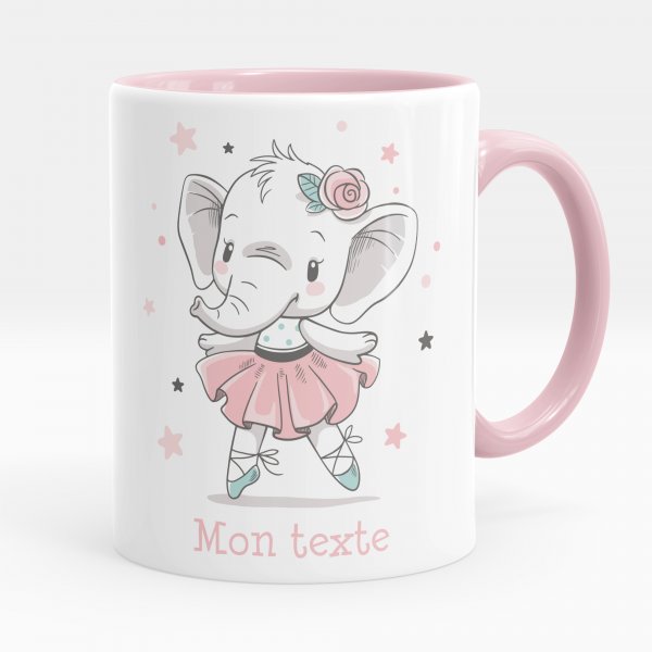 Taza personalizada para niños con diseño de bailarina elefante de color rosa