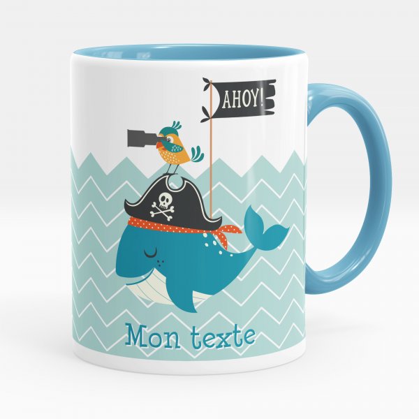 Taza personalizada para niños con diseño de ballena pirata de color azul