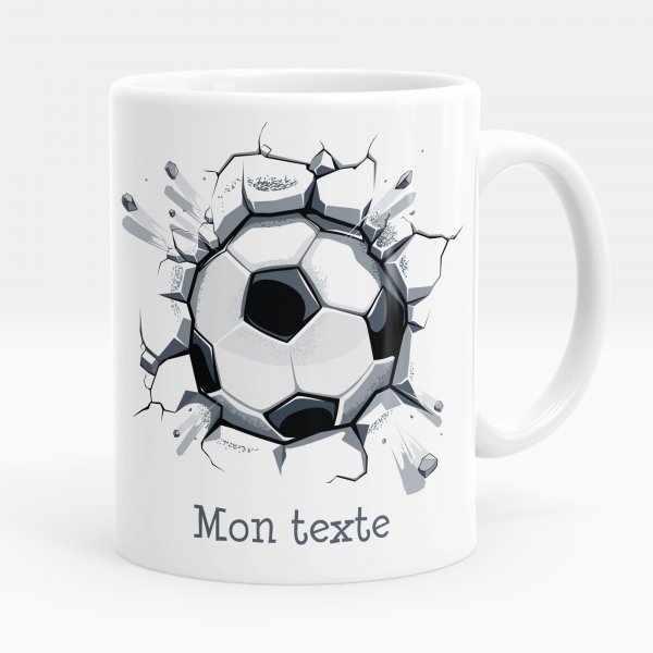 Taza personalizada para niños con diseño de balón de fútbol de color blanco