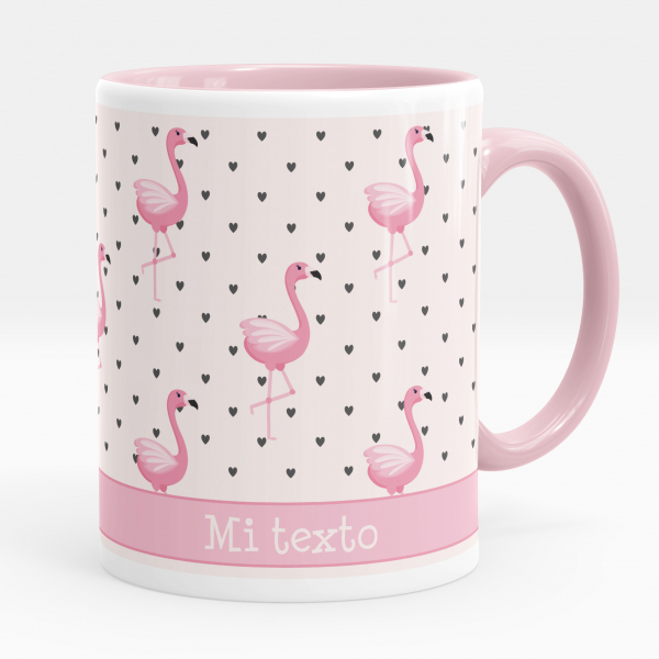 Taza personalizada para niños con diseño de flamencos rosas y corazones de color rosa