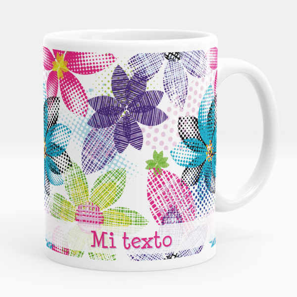 Taza personalizada para niños con diseño de flores multicolores de color blanco