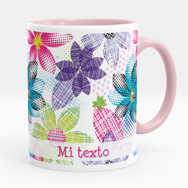 Taza personalizada para niños con diseño de flores multicolores de color rosa