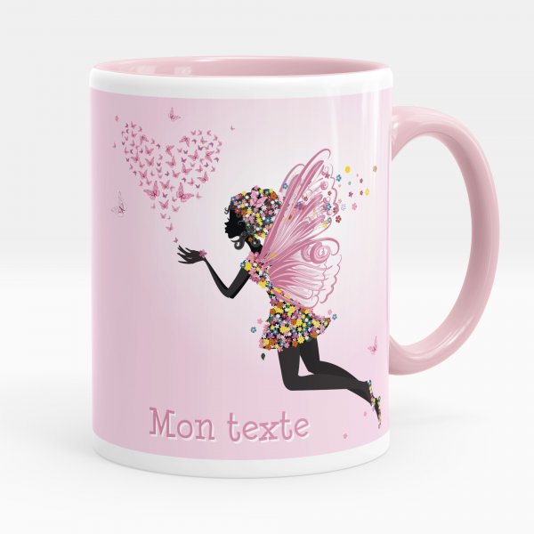 Taza personalizada para niños con diseño de hada y mariposas de color rosa