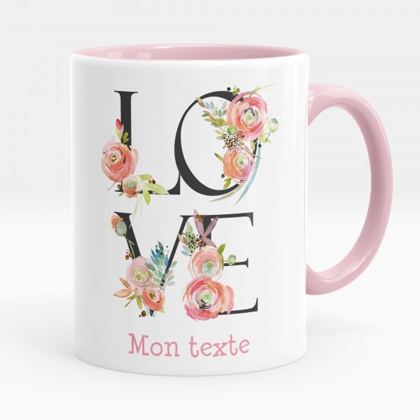 Taza personalizada para niños con diseño de Love flores de color rosa