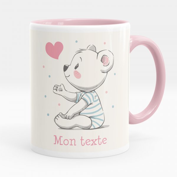 Taza personalizada para niños con diseño de osito corazón de color rosa