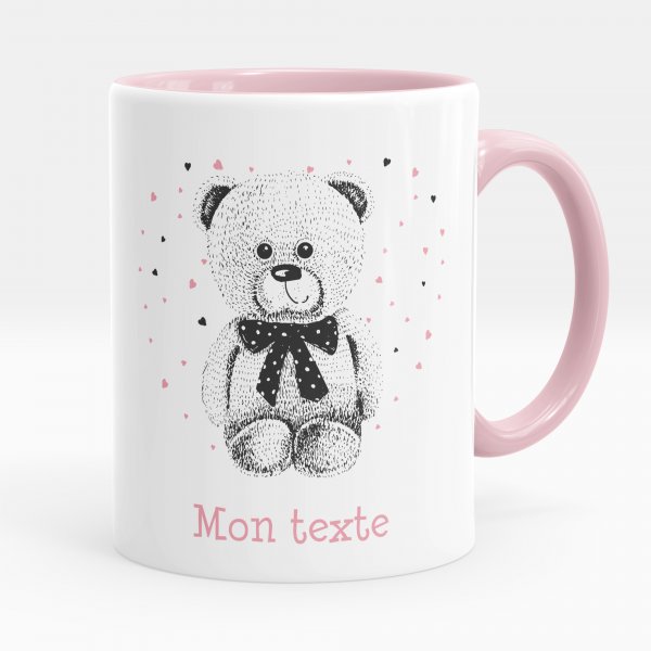 Taza personalizada para niños con diseño de osito y corazones de color rosa