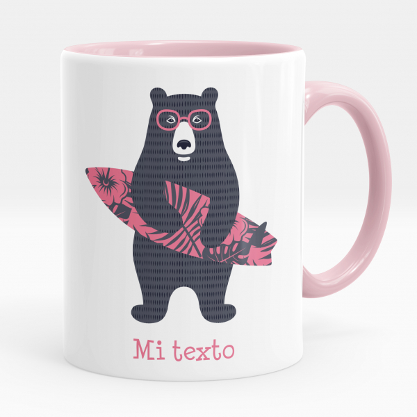 Taza personalizada para niños con diseño de osito surfista de color rosa