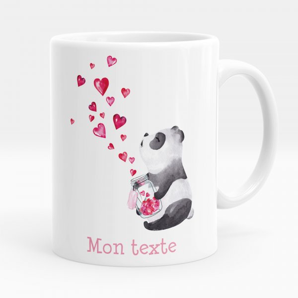 Taza personalizada para niños con diseño de panda y corazones de color blanco