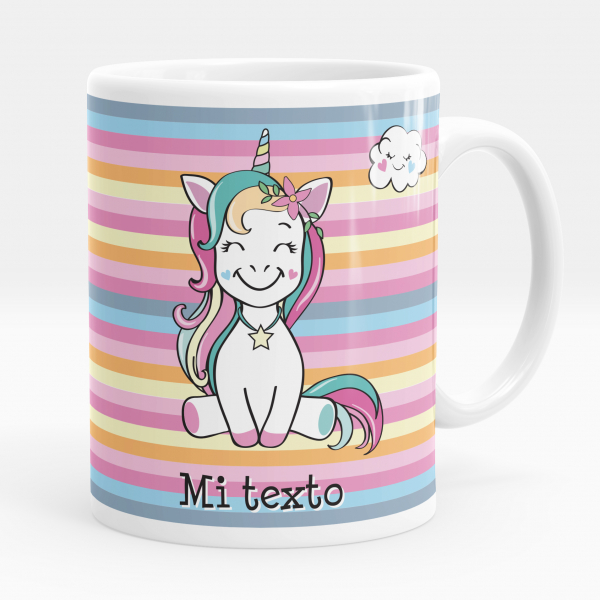 Taza personalizada para niños con diseño de unicornio de color blanco