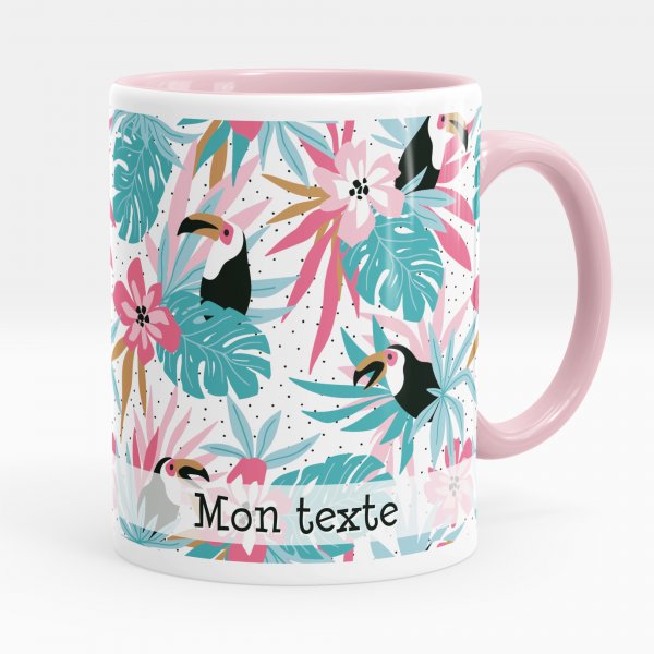 Taza personalizada para niños con diseño tropical de color rosa