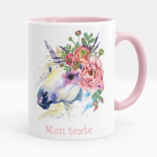 Taza personalizada para niños con diseño de unicornio y flores de color rosa