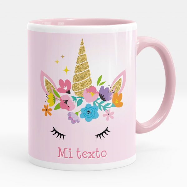 Taza personalizada para niños con diseño de unicornio de color rosa