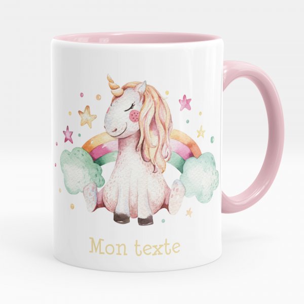 Taza personalizada para niños con diseño de unicornio, nubes y arco iris de color rosa