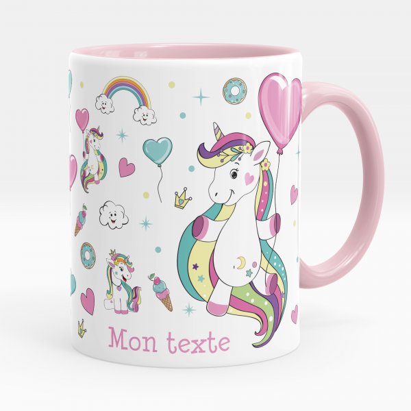 Taza personalizada para niños con diseño de unicornios de color rosa